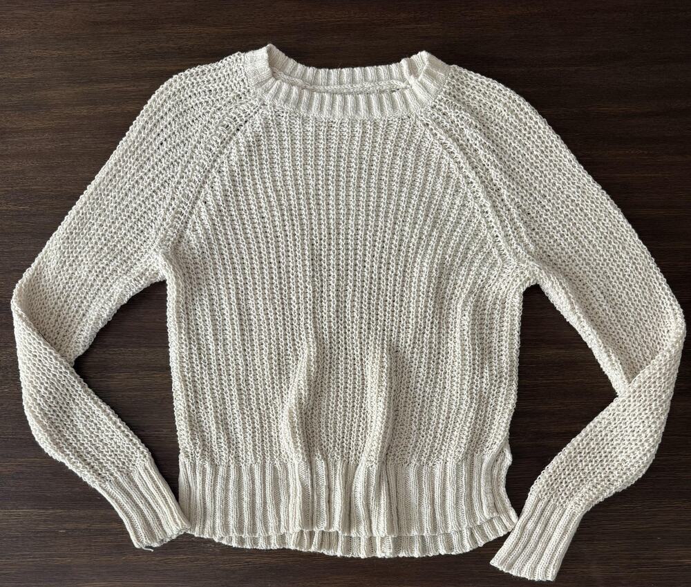 Aerie Sweater Womens Small Beige Open Knit Crewneck Raglan Cotton Nylon Summer